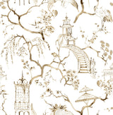 Serena Coffee Chinoiserie Wallpaper with Traditional Pagodas, Cranes and Floral Motif - 4120-26807