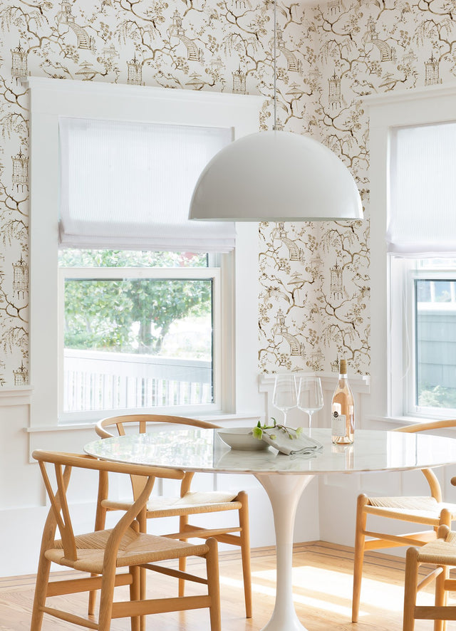 Serena Coffee Chinoiserie Wallpaper with Traditional Pagodas, Cranes and Floral Motif - 4120-26807