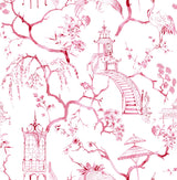Serena Raspberry Chinoiserie Wallpaper with Pagodas, Cranes and Floral Toile - A-Street Prints 4120-26808