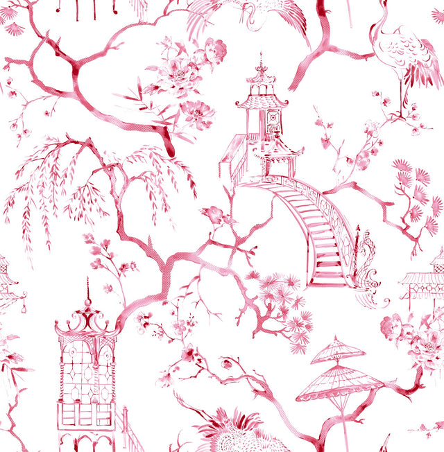Serena Raspberry Chinoiserie Wallpaper with Pagodas, Cranes and Floral Toile - A-Street Prints 4120-26808