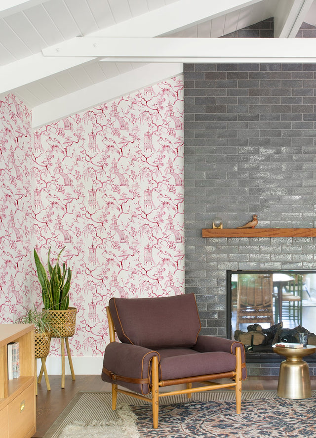 Serena Raspberry Chinoiserie Wallpaper with Pagodas, Cranes and Floral Toile - A-Street Prints 4120-26808