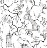 Serena Charcoal Chinoiserie Wallpaper with Traditional Scenic Pagodas and Cranes - A-Street Prints 4120-26809