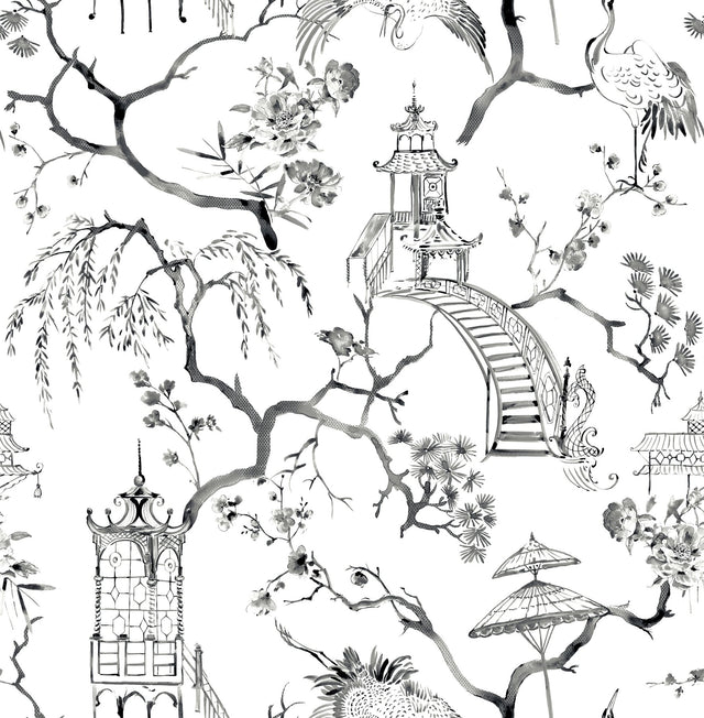 Serena Charcoal Chinoiserie Wallpaper with Traditional Scenic Pagodas and Cranes - A-Street Prints 4120-26809