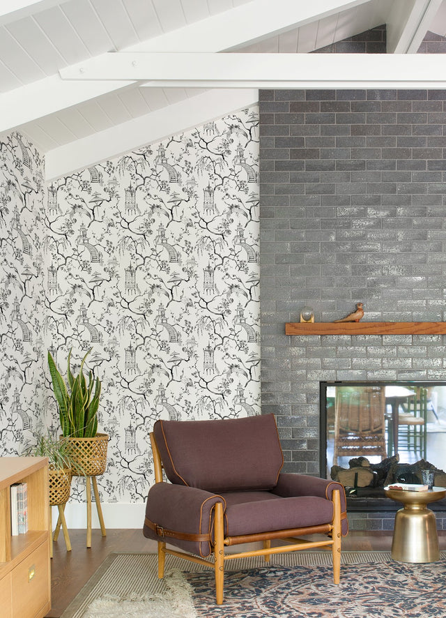 Serena Charcoal Chinoiserie Wallpaper with Traditional Scenic Pagodas and Cranes - A-Street Prints 4120-26809