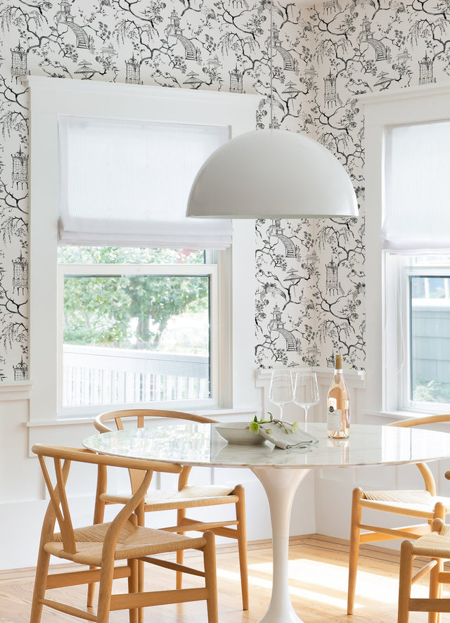 Serena Charcoal Chinoiserie Wallpaper with Traditional Scenic Pagodas and Cranes - A-Street Prints 4120-26809