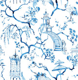 Serena Blue Chinoiserie Wallpaper with Pagodas, Cranes and Floral Toile Pattern - A-Street Prints 4120-26810