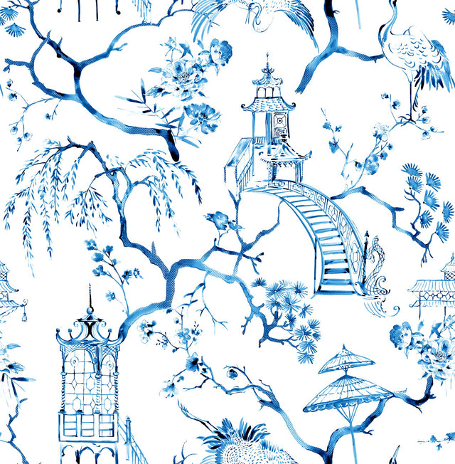 Serena Blue Chinoiserie Wallpaper with Pagodas, Cranes and Floral Toile Pattern - A-Street Prints 4120-26810