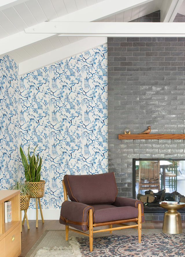 Serena Blue Chinoiserie Wallpaper with Pagodas, Cranes and Floral Toile Pattern - A-Street Prints 4120-26810