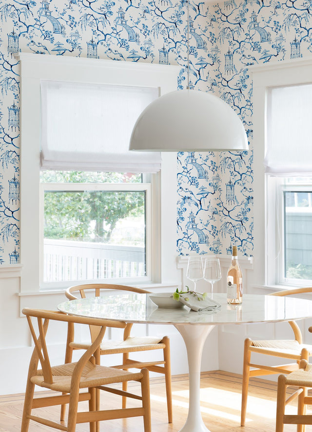 Serena Blue Chinoiserie Wallpaper with Pagodas, Cranes and Floral Toile Pattern - A-Street Prints 4120-26810