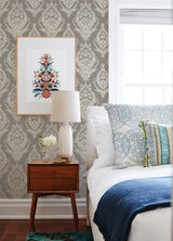 Arlie Grey Botanical Damask Wallpaper with Traditional Botanical Damask Pattern - A-Street Prints 4120-26816