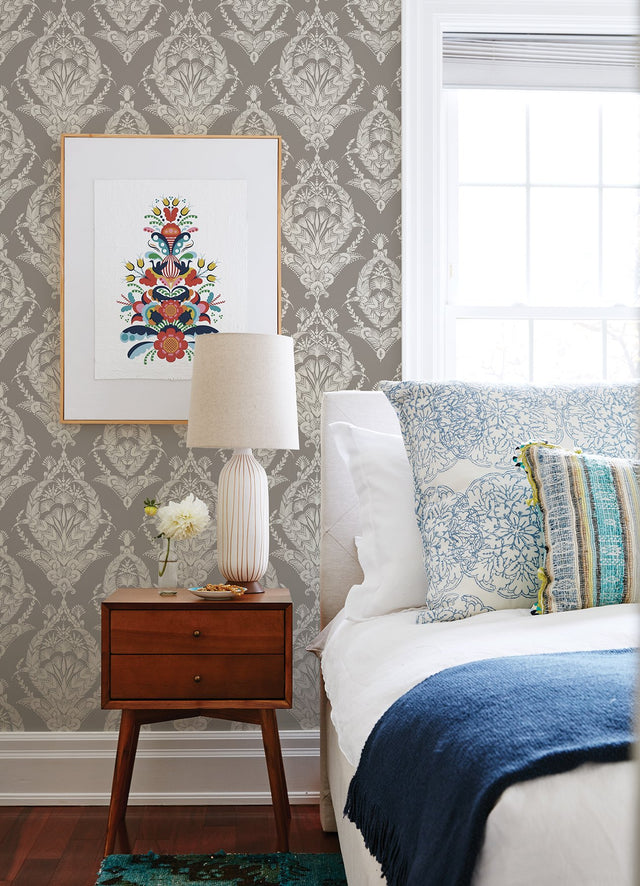 Arlie Grey Botanical Damask Wallpaper with Traditional Botanical Damask Pattern - A-Street Prints 4120-26816