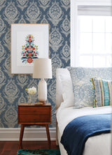 Arlie Indigo Botanical Damask Wallpaper - 4120-26817