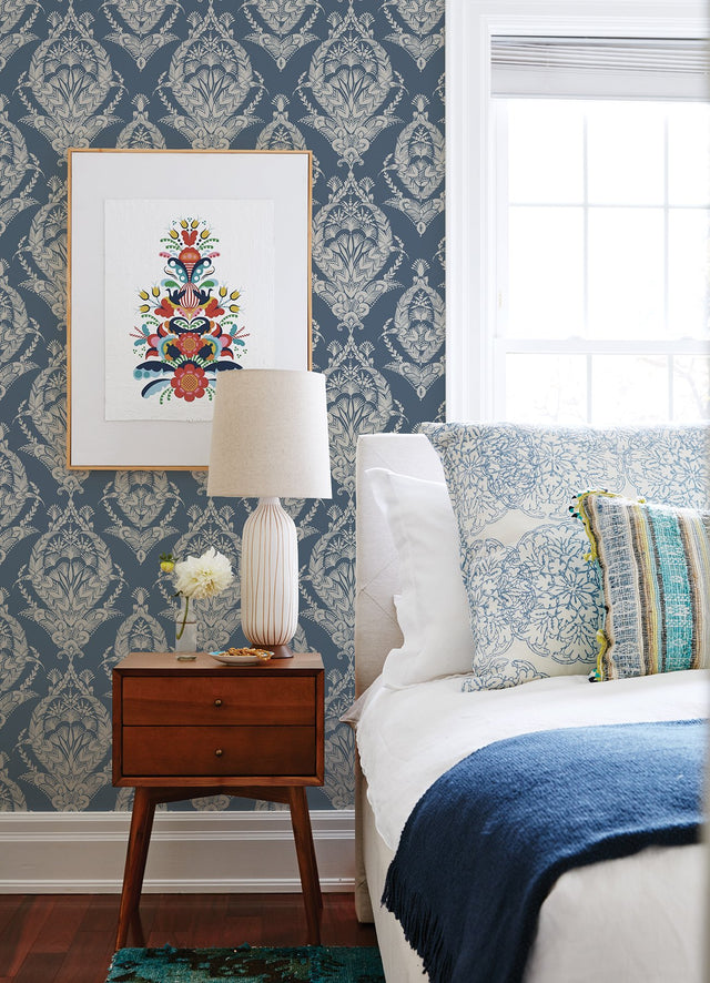 Arlie Indigo Botanical Damask Wallpaper - 4120-26817