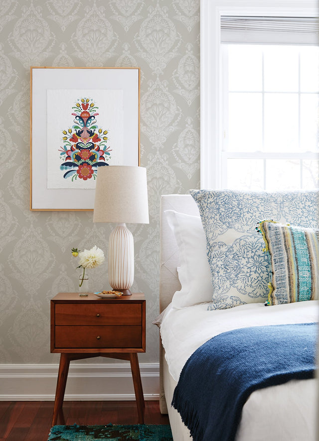 Arlie Light Grey Botanical Damask Wallpaper with Traditional Non Woven Design - Brewster 4120-26818
