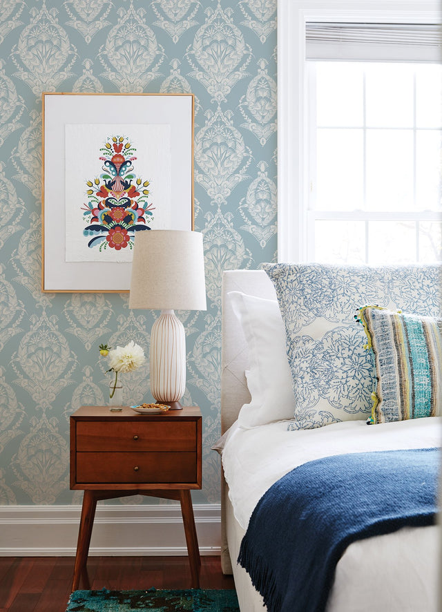 Arlie Light Blue Botanical Damask Wallpaper with Traditional Botanical Damask Pattern - A-Street Prints 4120-26819