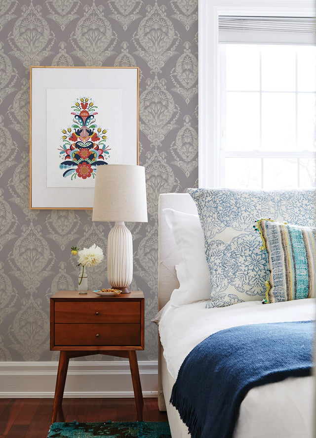 Arlie Lavender Botanical Damask Wallpaper with Traditional Botanical Medallion Pattern - A?Street Prints 4120-26820