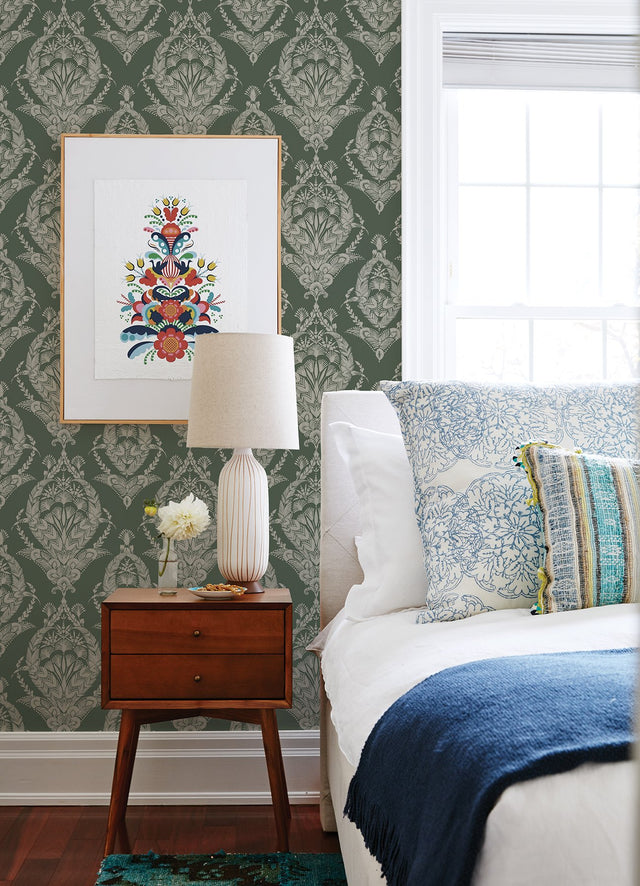 Arlie Evergreen Botanical Damask Wallpaper with Traditional Botanical Damask Pattern - A-Street Prints 4120-26821