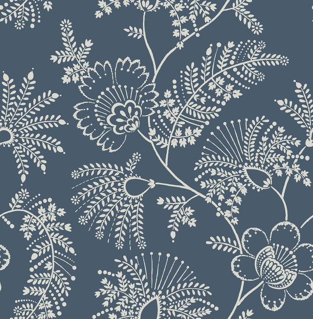 Maeve Dark Blue Jacobean Trail Wallpaper with Botanical Floral Pattern, Farmhouse Style - A-Street Prints 4120-26822