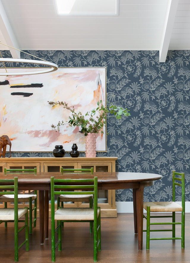 Maeve Dark Blue Jacobean Trail Wallpaper with Botanical Floral Pattern, Farmhouse Style - A-Street Prints 4120-26822