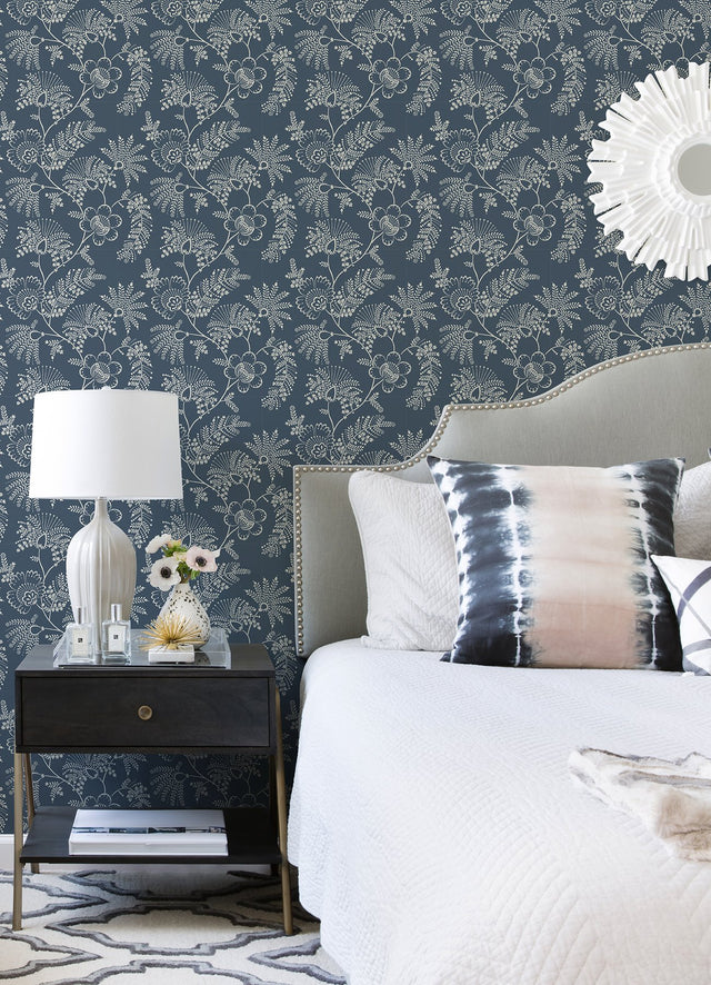 Maeve Dark Blue Jacobean Trail Wallpaper with Botanical Floral Pattern, Farmhouse Style - A-Street Prints 4120-26822