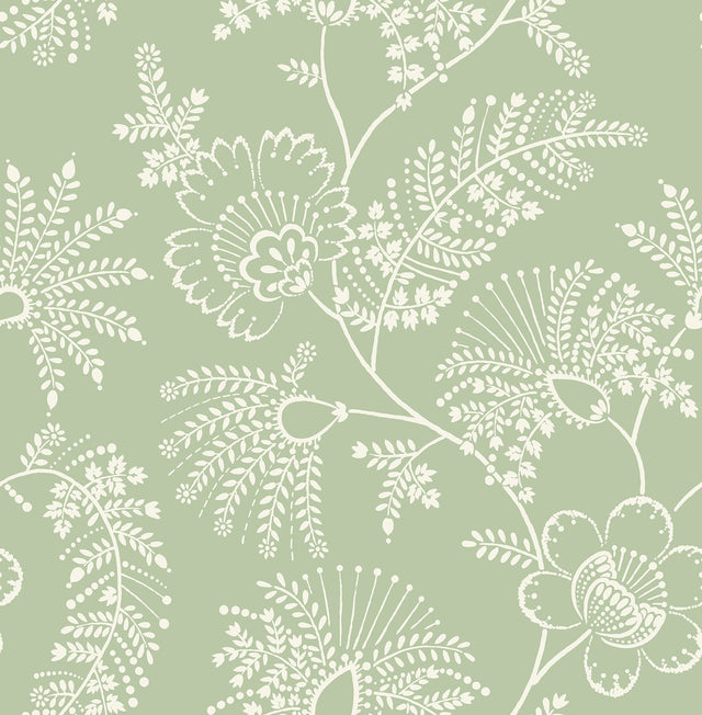 Maeve Sage Jacobean Trail Wallpaper with Botanical Floral Pattern, Farmhouse Style - A-Street Prints 4120-26823