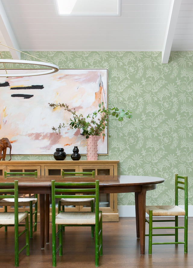 Maeve Sage Jacobean Trail Wallpaper with Botanical Floral Pattern, Farmhouse Style - A-Street Prints 4120-26823