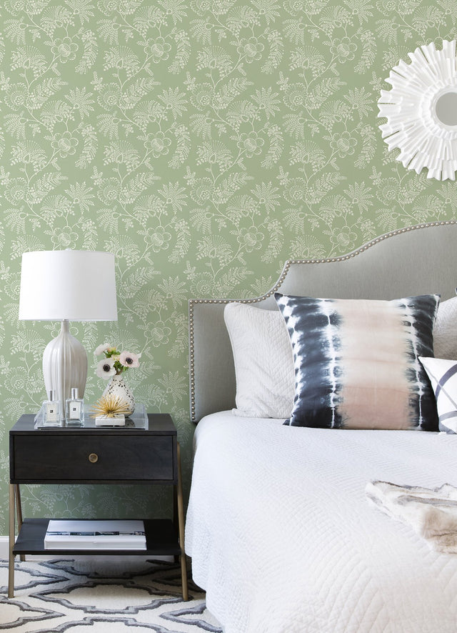 Maeve Sage Jacobean Trail Wallpaper with Botanical Floral Pattern, Farmhouse Style - A-Street Prints 4120-26823