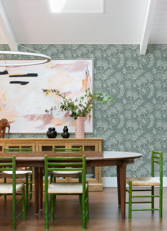 Maeve Sea Green Jacobean Trail Wallpaper with Botanical Floral Pattern - A-Street Prints 4120-26824