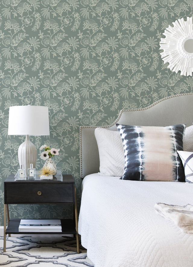 Maeve Sea Green Jacobean Trail Wallpaper with Botanical Floral Pattern - A-Street Prints 4120-26824