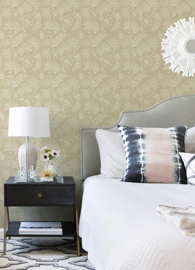 Maeve Butter Jacobean Trail Wallpaper with Botanical Floral Pattern - Brewster 4120-26825