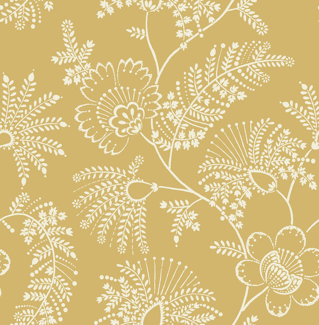Maeve Mustard Jacobean Trail Wallpaper with Botanical Floral Pattern, Farmhouse Style - Brewster 4120-26826