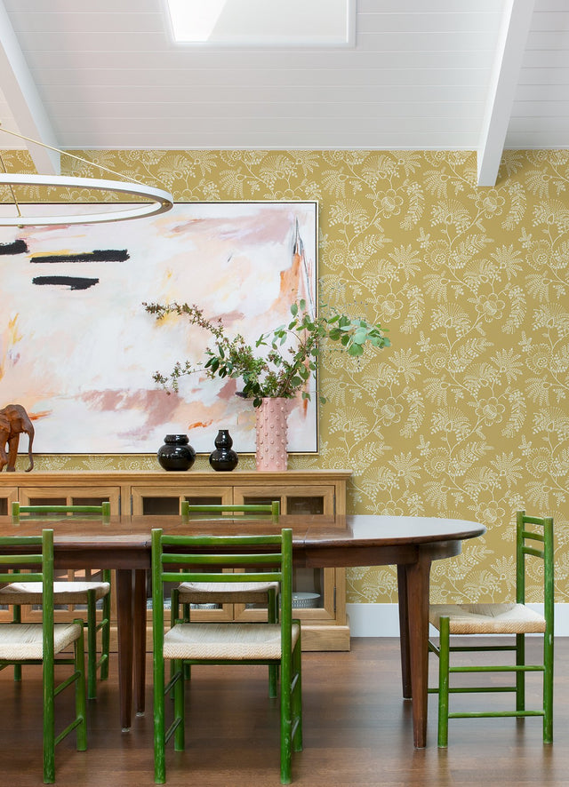 Maeve Mustard Jacobean Trail Wallpaper with Botanical Floral Pattern, Farmhouse Style - Brewster 4120-26826