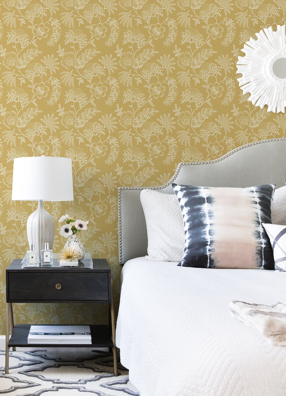 Maeve Mustard Jacobean Trail Wallpaper with Botanical Floral Pattern, Farmhouse Style - Brewster 4120-26826