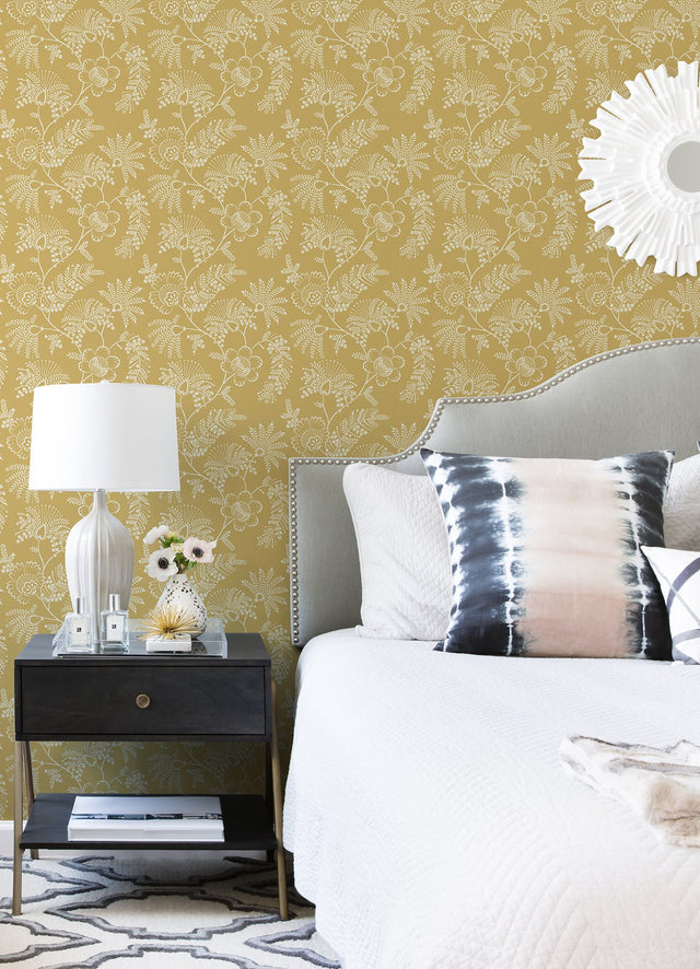 Maeve Mustard Jacobean Trail Wallpaper with Botanical Floral Pattern, Farmhouse Style - Brewster 4120-26826