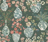 Harper Green Floral Vase Wallpaper with Botanical Flowers Bohemian Style - A-Street Prints 4120-72000