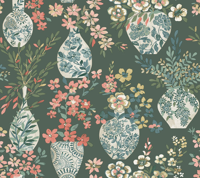 Harper Green Floral Vase Wallpaper with Botanical Flowers Bohemian Style - A-Street Prints 4120-72000