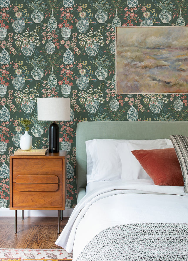 Harper Green Floral Vase Wallpaper with Botanical Flowers Bohemian Style - A-Street Prints 4120-72000