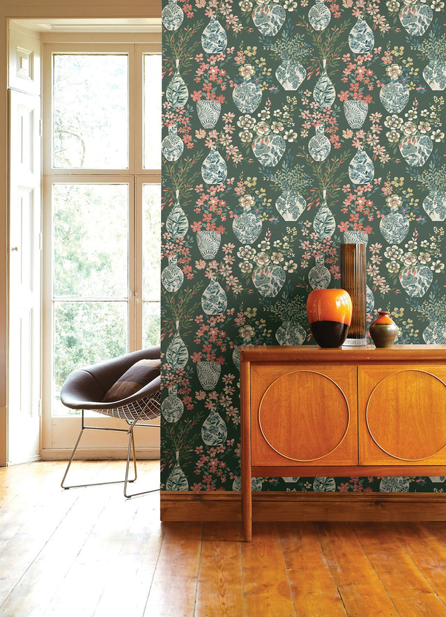 Harper Green Floral Vase Wallpaper with Botanical Flowers Bohemian Style - A-Street Prints 4120-72000