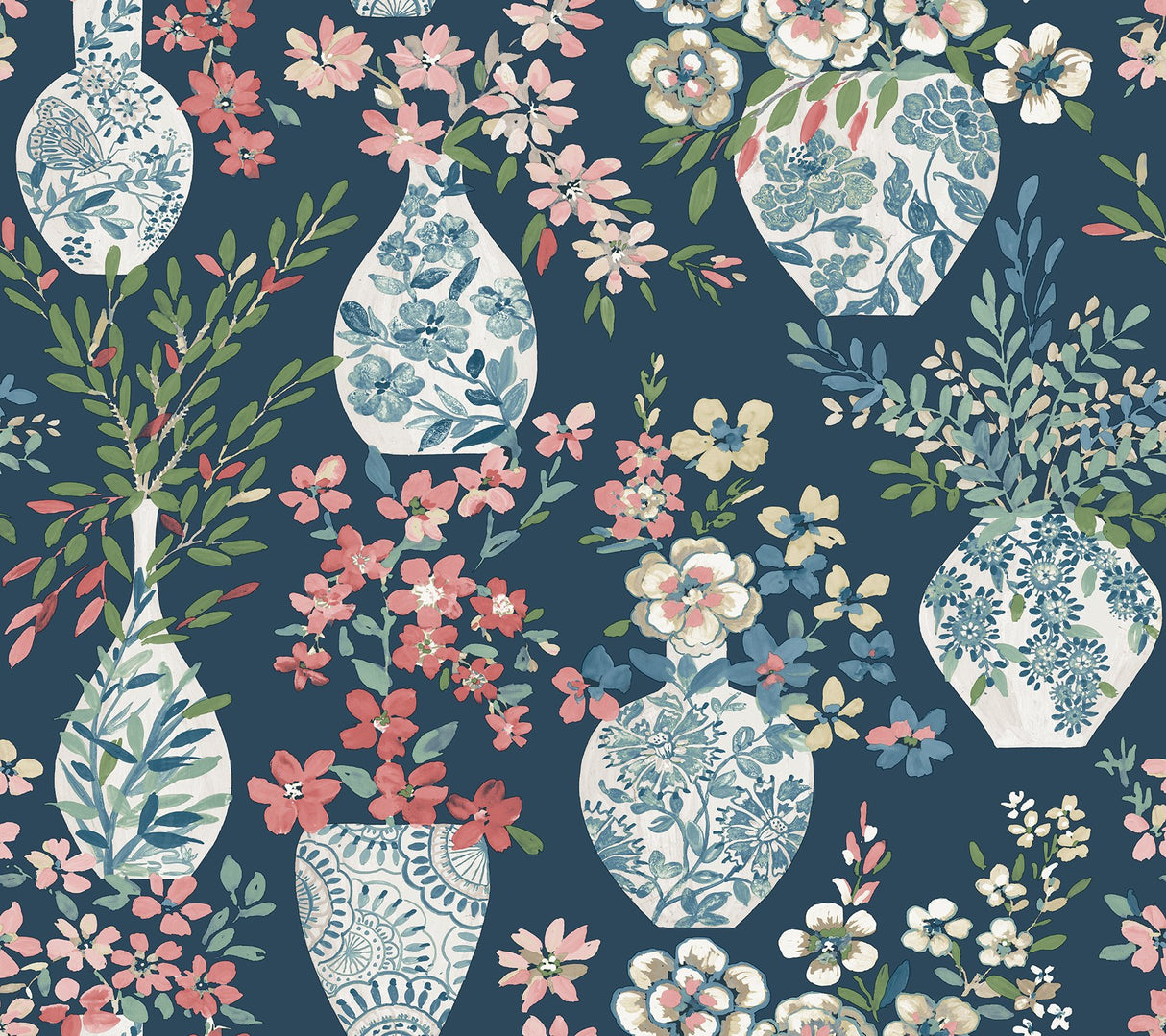 Harper Teal Floral Vase Wallpaper with Botanical Flowers Motif - A-Street Prints 4120-72001