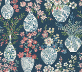 Harper Teal Floral Vase Wallpaper with Botanical Flowers Motif - A-Street Prints 4120-72001