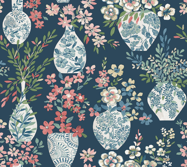 Harper Teal Floral Vase Wallpaper with Botanical Flowers Motif - A-Street Prints 4120-72001