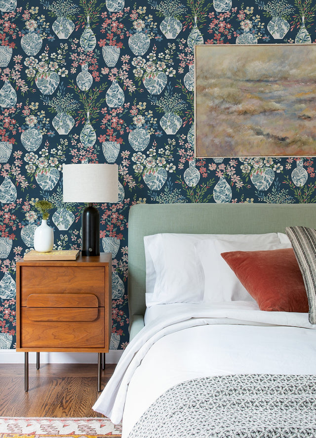 Harper Teal Floral Vase Wallpaper with Botanical Flowers Motif - A-Street Prints 4120-72001