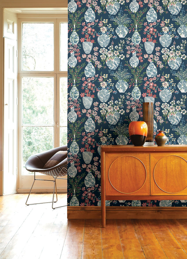 Harper Teal Floral Vase Wallpaper with Botanical Flowers Motif - A-Street Prints 4120-72001
