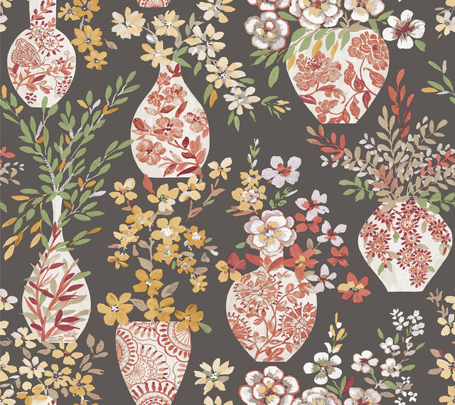 Harper Brown Floral Vase Botanical Bohemian Wallpaper - A-Street Prints 4120-72002