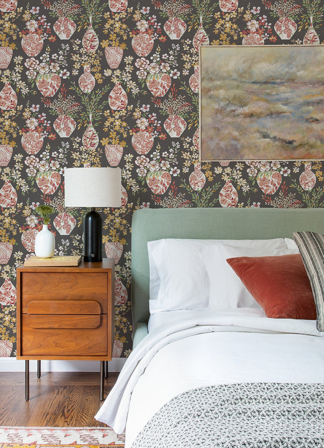 Harper Brown Floral Vase Botanical Bohemian Wallpaper - A-Street Prints 4120-72002