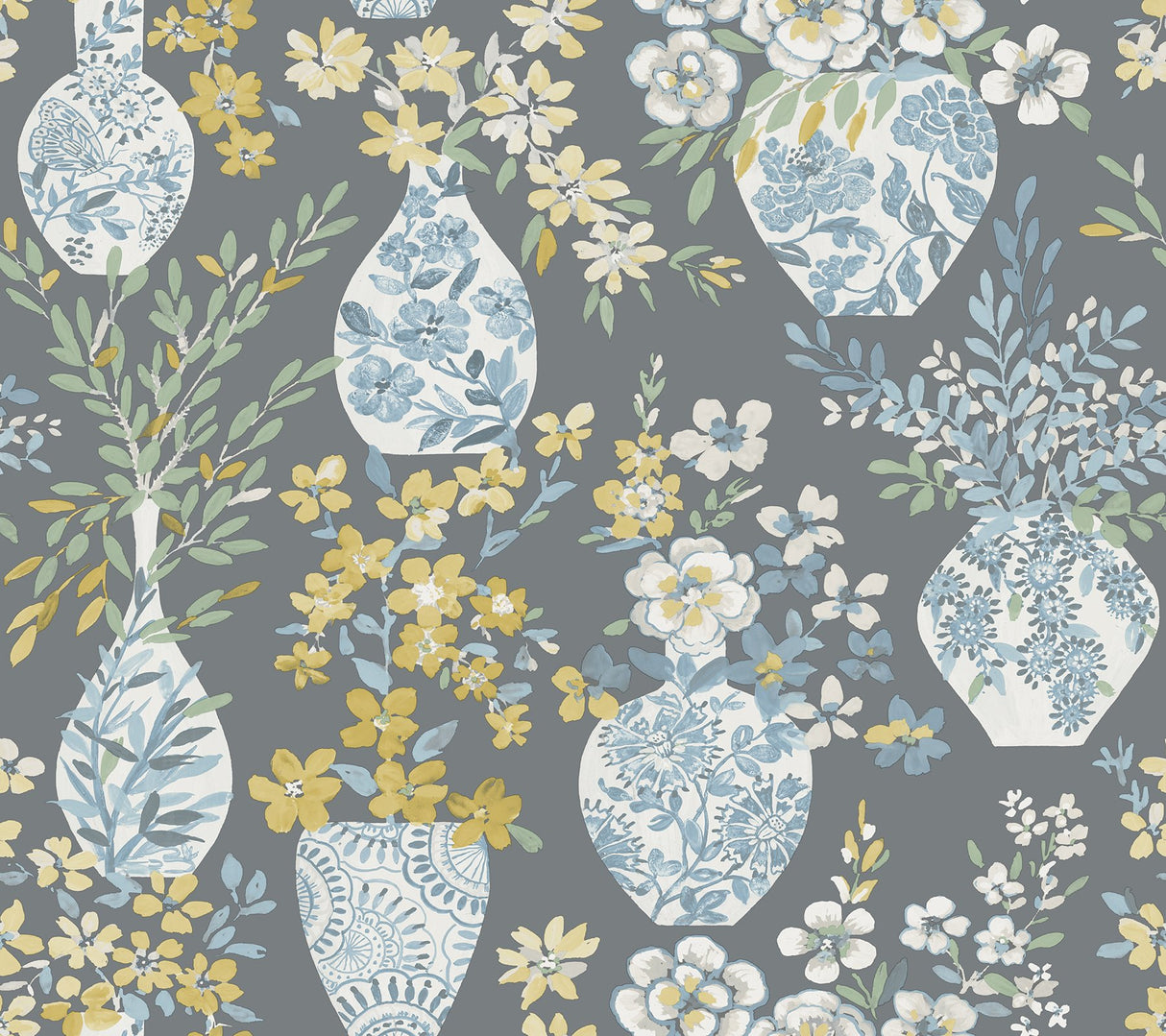 Harper Grey Floral Vase Wallpaper with Botanical Flower Vase Pattern, Bohemian Style - A-Street Prints 4120-72003