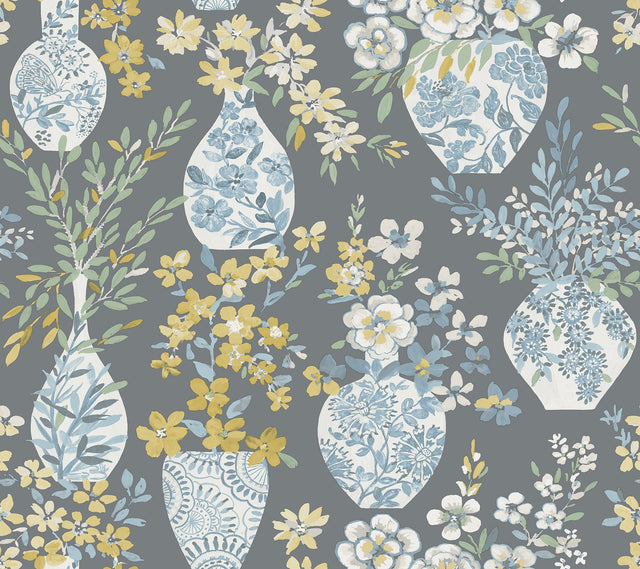 Harper Grey Floral Vase Wallpaper with Botanical Flower Vase Pattern, Bohemian Style - A-Street Prints 4120-72003