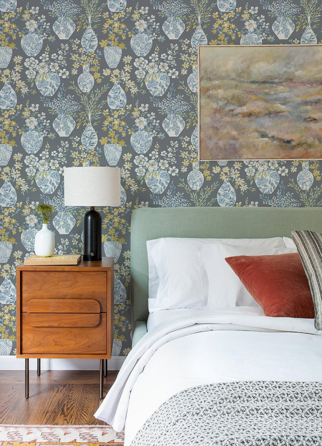 Harper Grey Floral Vase Wallpaper with Botanical Flower Vase Pattern, Bohemian Style - A-Street Prints 4120-72003
