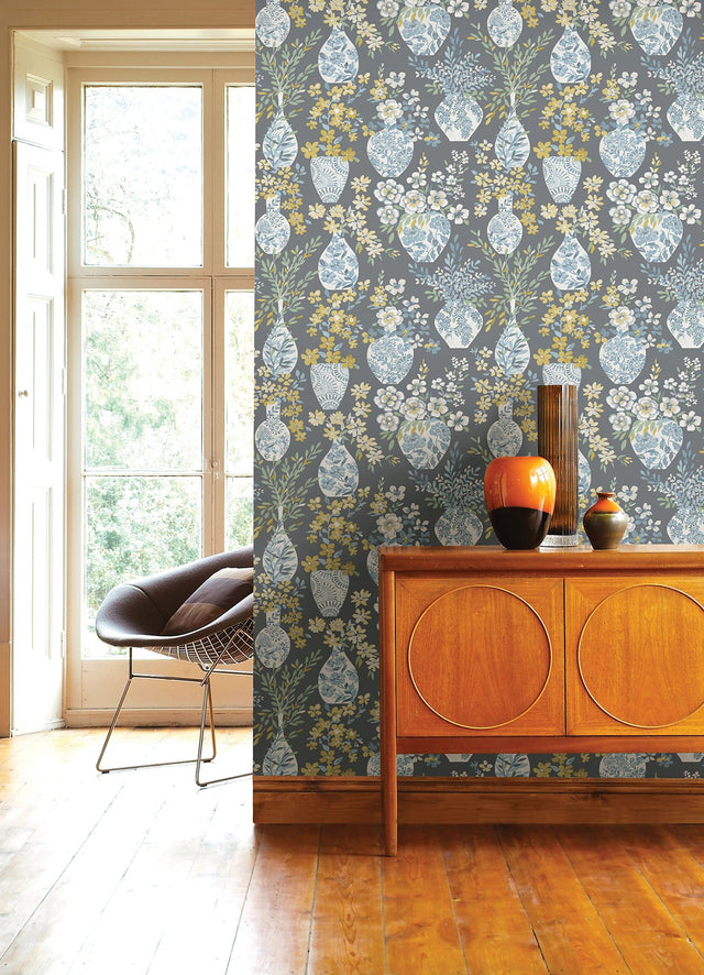 Harper Grey Floral Vase Wallpaper with Botanical Flower Vase Pattern, Bohemian Style - A-Street Prints 4120-72003