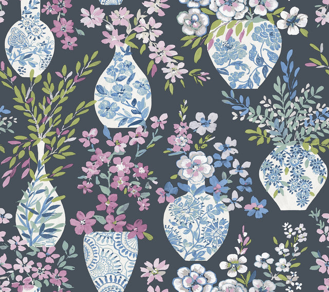 Harper Charcoal Floral Vase Wallpaper with Botanical Flowers Bohemian Style - A-Street Prints 4120-72004